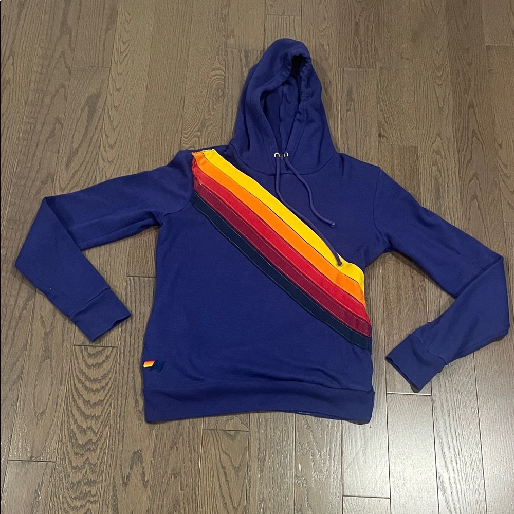 Aviator Nation purple Sweater with Rainbow Stripes